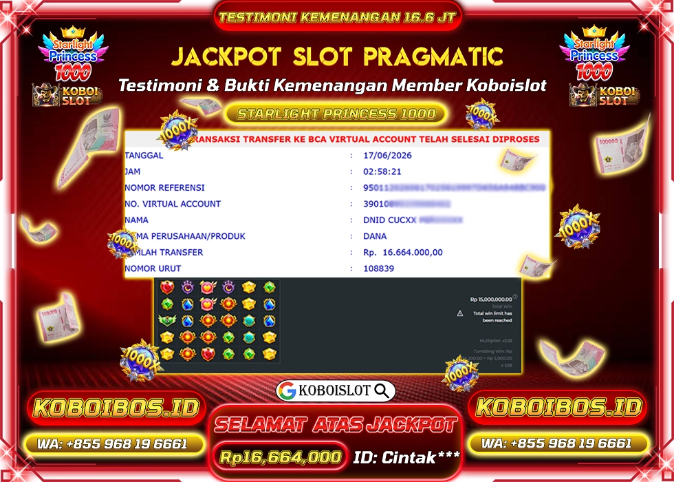 BUKTI KEMENANGAN ID Cintak*** SLOT GACOR STARLIGHT PRINCESS 1000 Rp16.664.000,- LUNAS